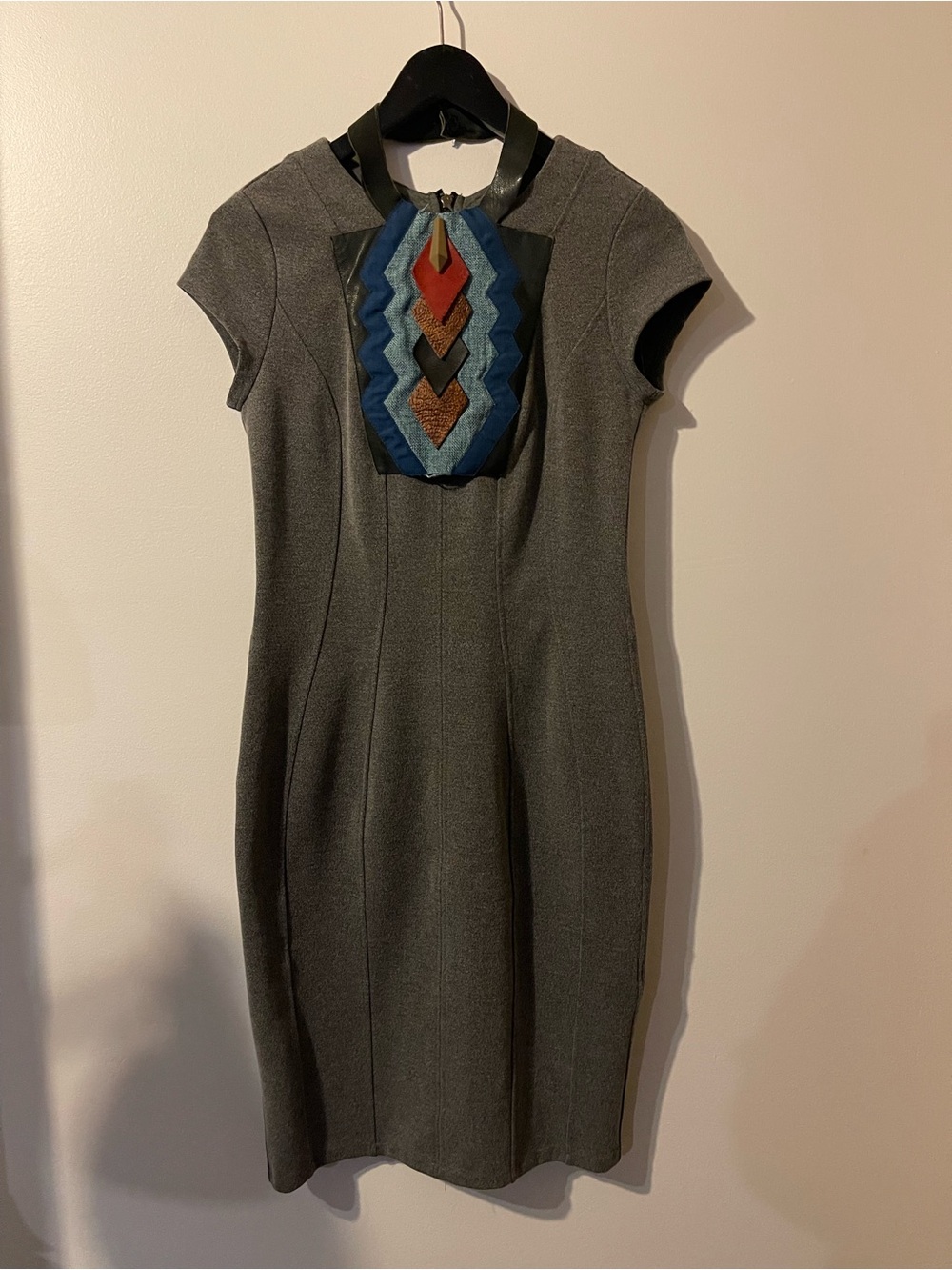 H&M Gray Geometric Faux Leather Patchwork Sheath Midi Dress S